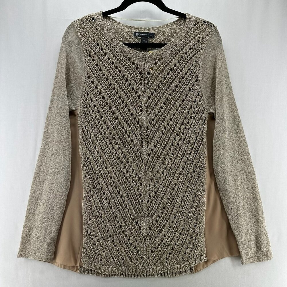 INC International Concepts Lavish Sweater Women M Gold Metallic Knit Long Sleeve